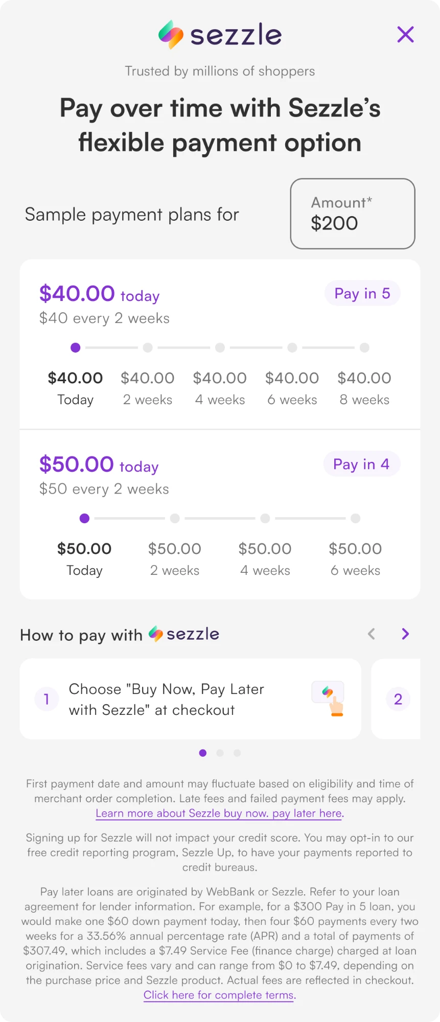 Sezzle Pay In 5 modal