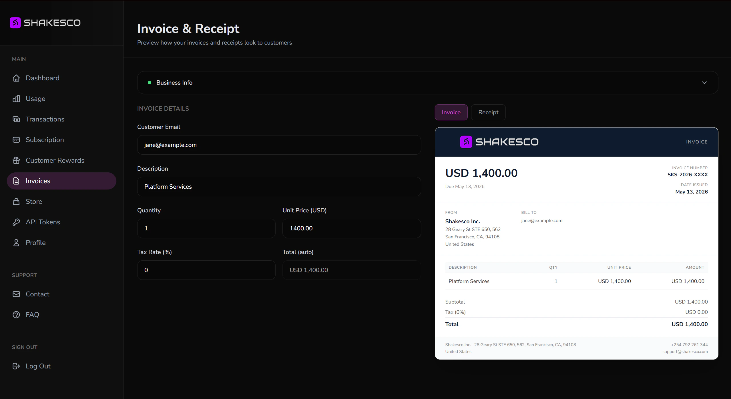 Shakesco invoice dashboard showing the form on the left and a live invoice preview on the right with SKS invoice number, amount, and line items