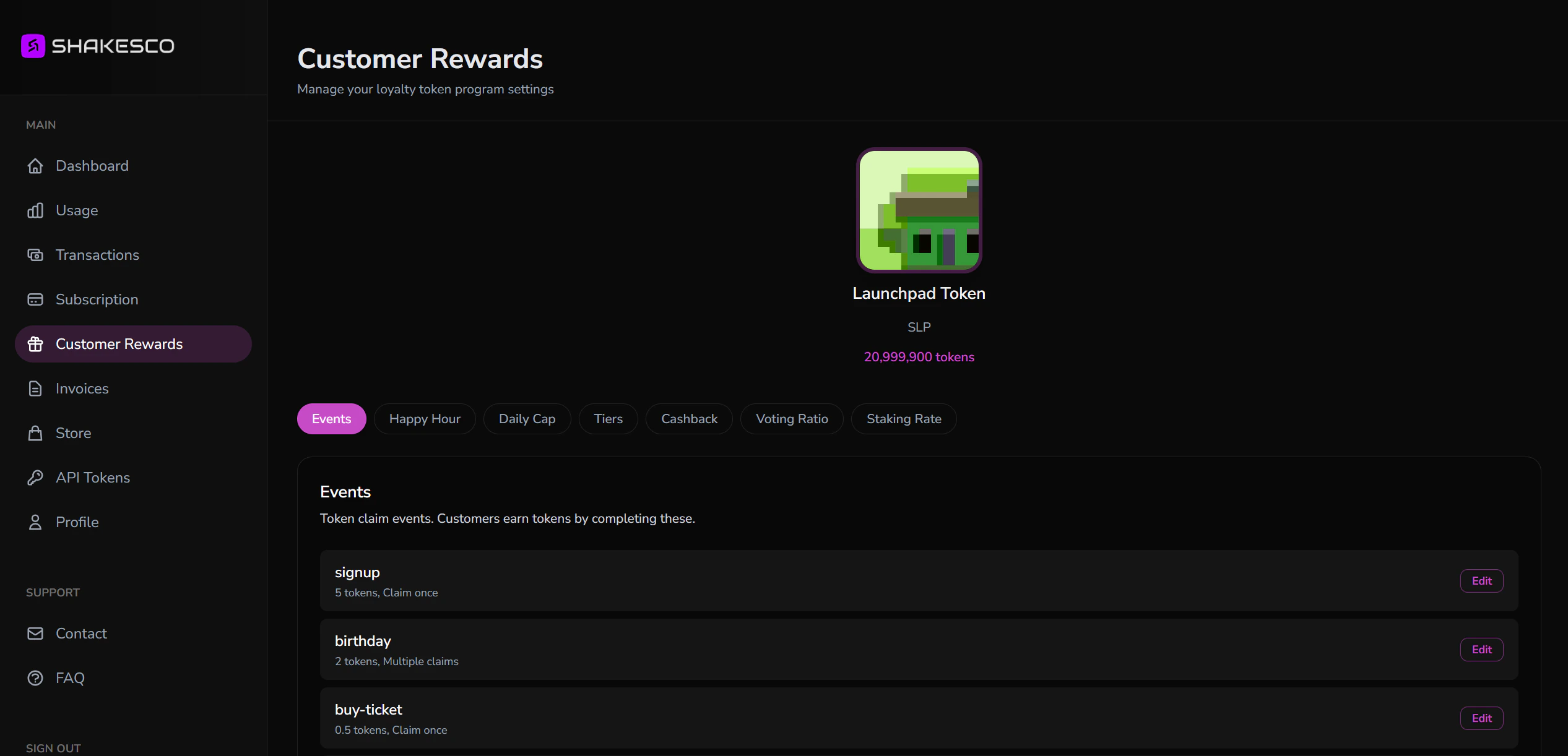 Customer Rewards dashboard showing the token details at the top, tab navigation for Events, Happy Hour, Daily Cap, Tiers, Cashback, Voting Ratio, and Staking Rate, and the Events list below