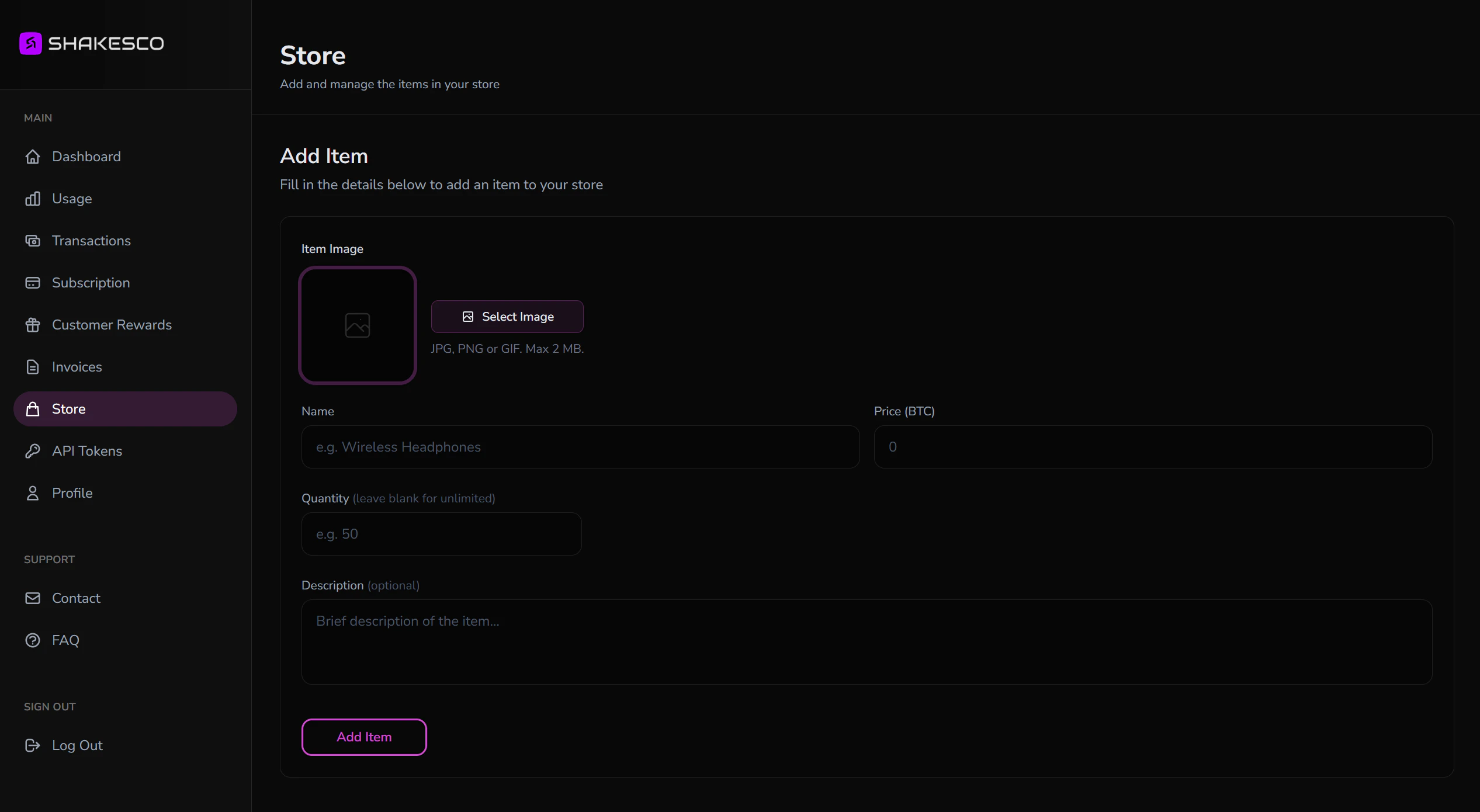 Shakesco store dashboard showing Add Item form with image upload, name, price, quantity and description fields