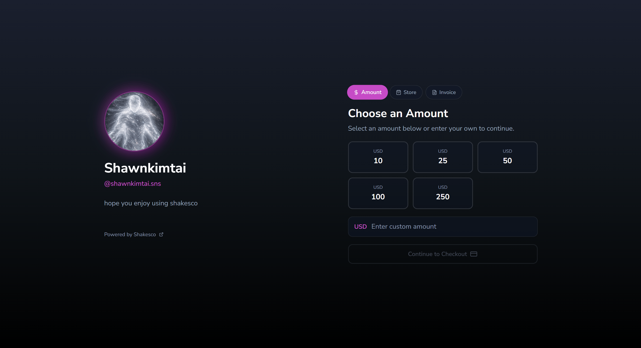 User payment link showing amount selector with preset USD amounts
