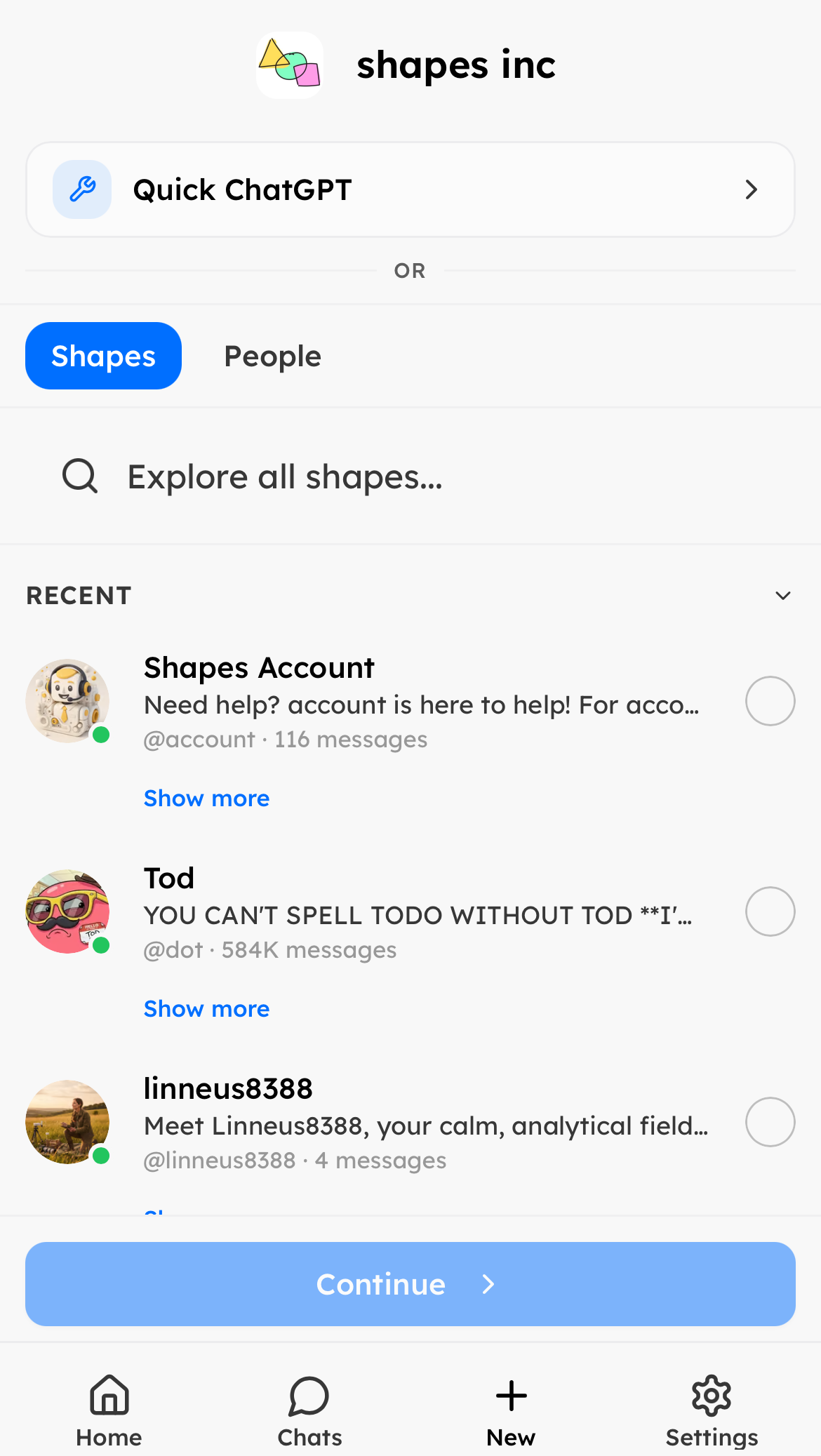 New Chat screen on mobile