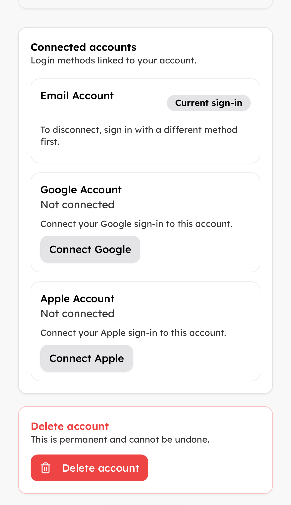 Delete account card at the bottom of the profile page