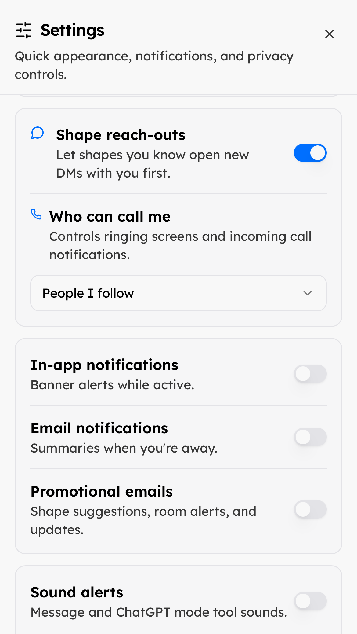 Shape reach-outs and call settings