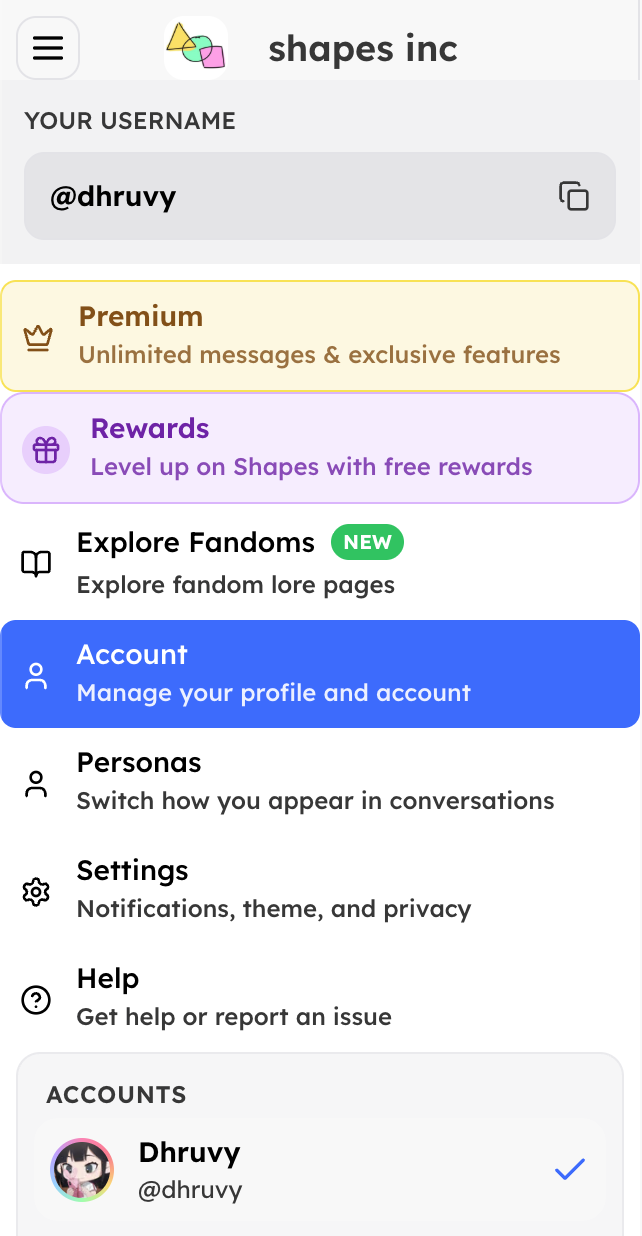 Account option in the web sidebar menu