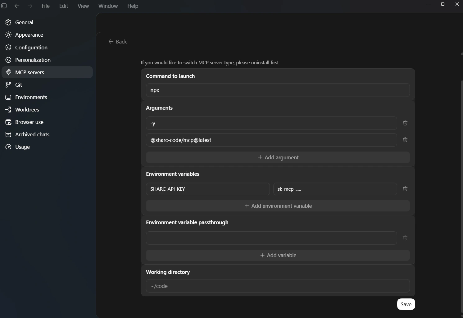 Codex desktop MCP server form filled out for SHARC