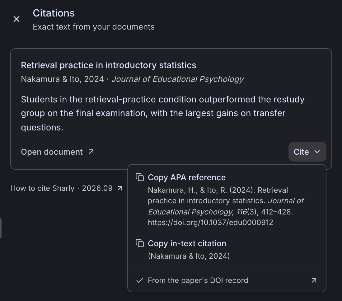 The Cite menu on a source card, with Copy APA reference and Copy in-text citation