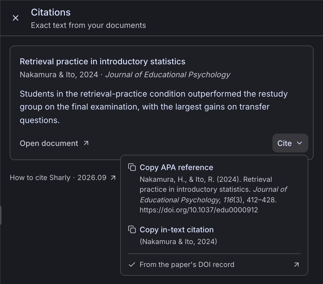 The Cite menu on a source card, with Copy APA reference and Copy in-text citation