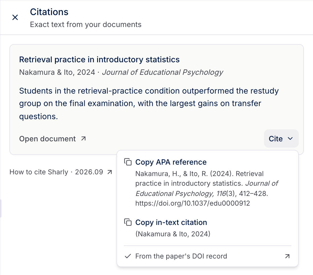 The Cite menu on a source card, with Copy APA reference and Copy in-text citation