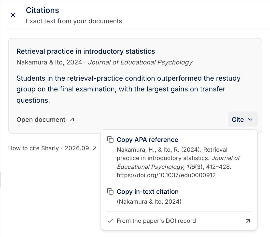 The Cite menu on a source card, with Copy APA reference and Copy in-text citation