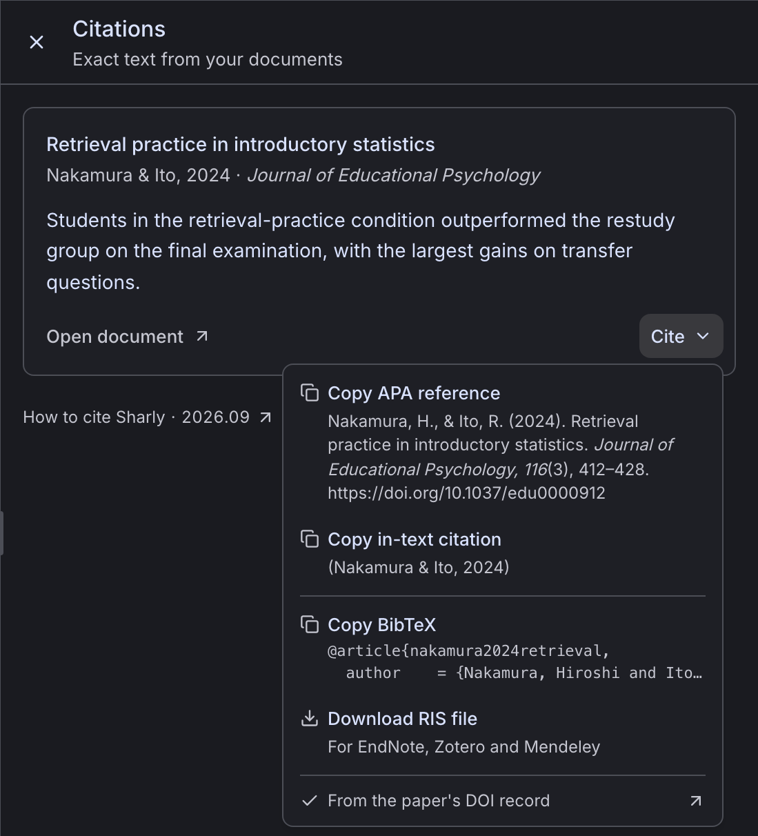The Cite menu on a source card, with Copy APA reference, Copy in-text citation, Copy BibTeX and Download RIS file