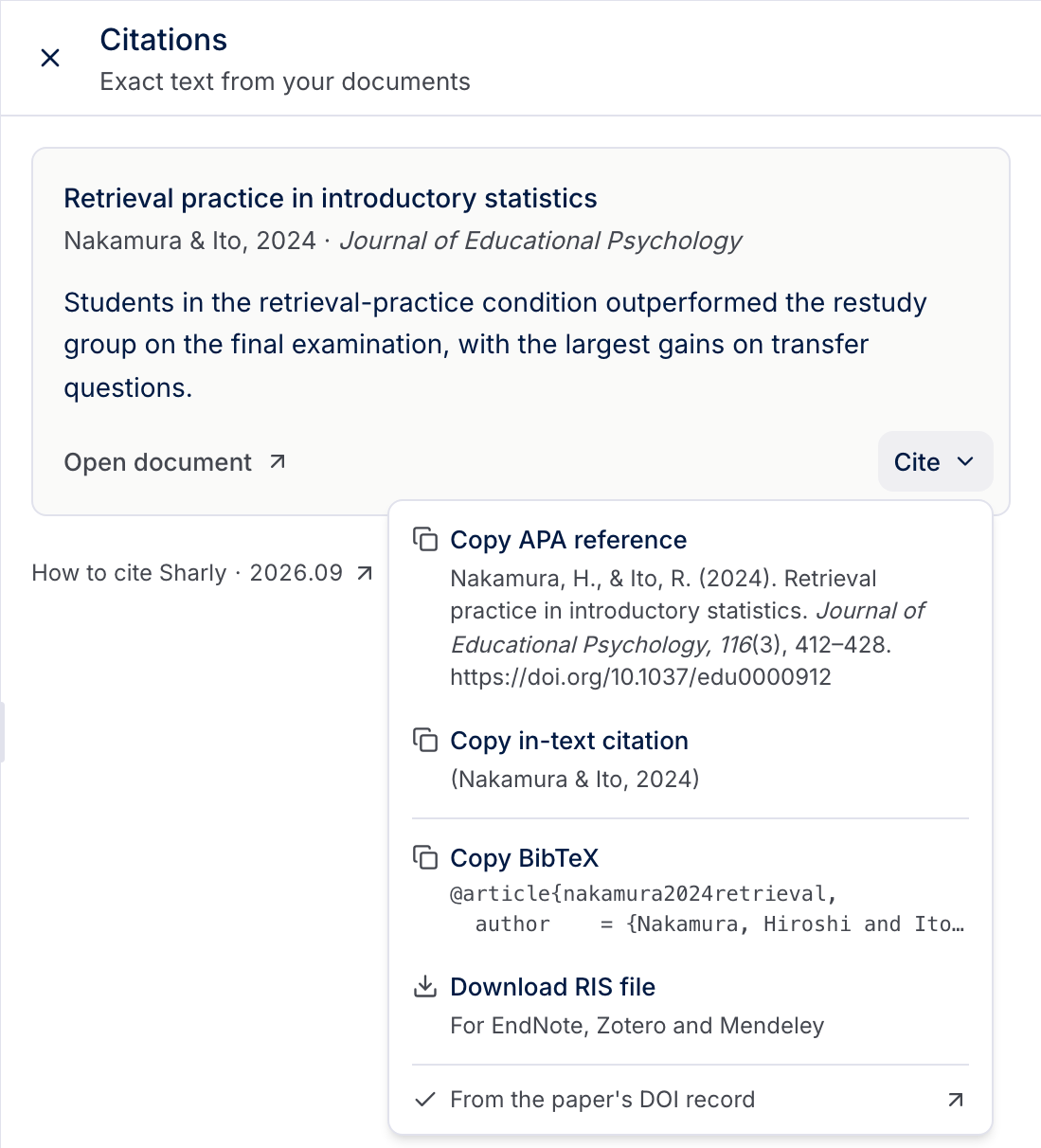 The Cite menu on a source card, with Copy APA reference, Copy in-text citation, Copy BibTeX and Download RIS file