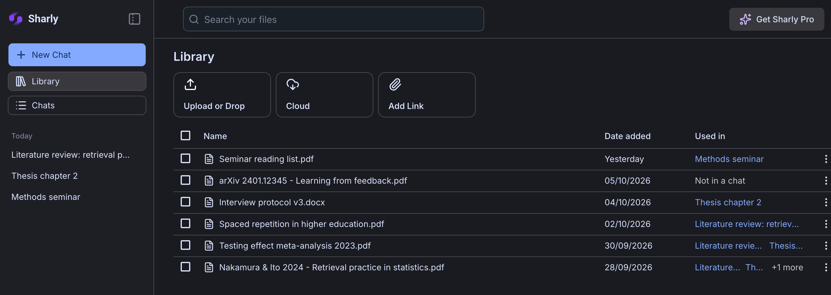 The Library, listing files with the date added and the chats each file is used in
