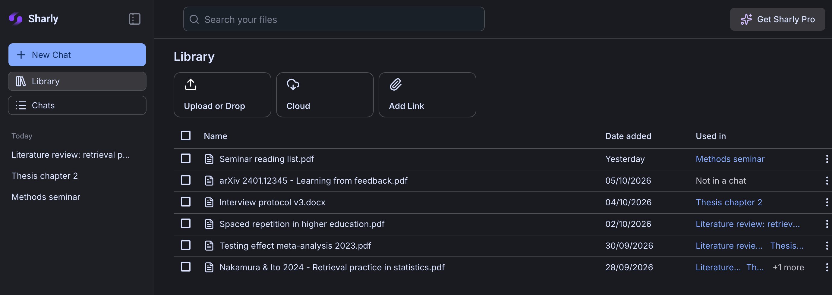 The Library, listing files with the date added and the chats each file is used in