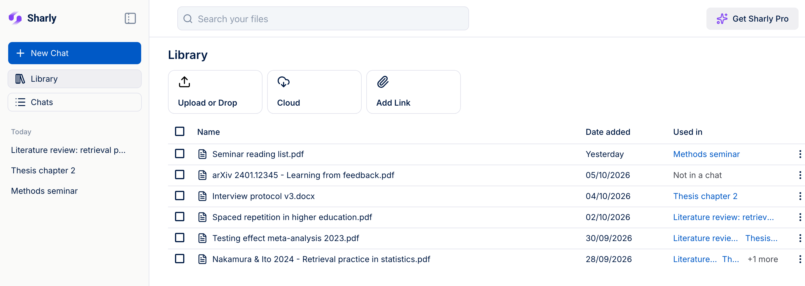 The Library, listing files with the date added and the chats each file is used in