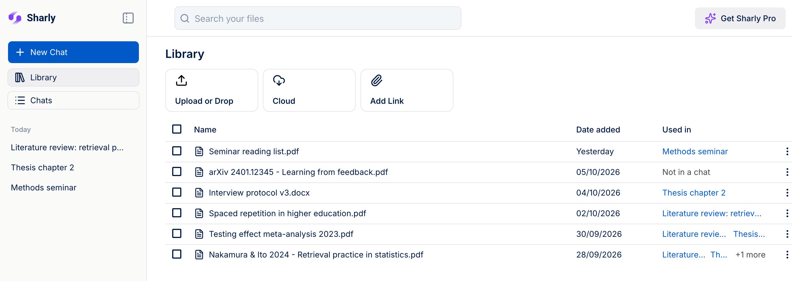 The Library, listing files with the date added and the chats each file is used in