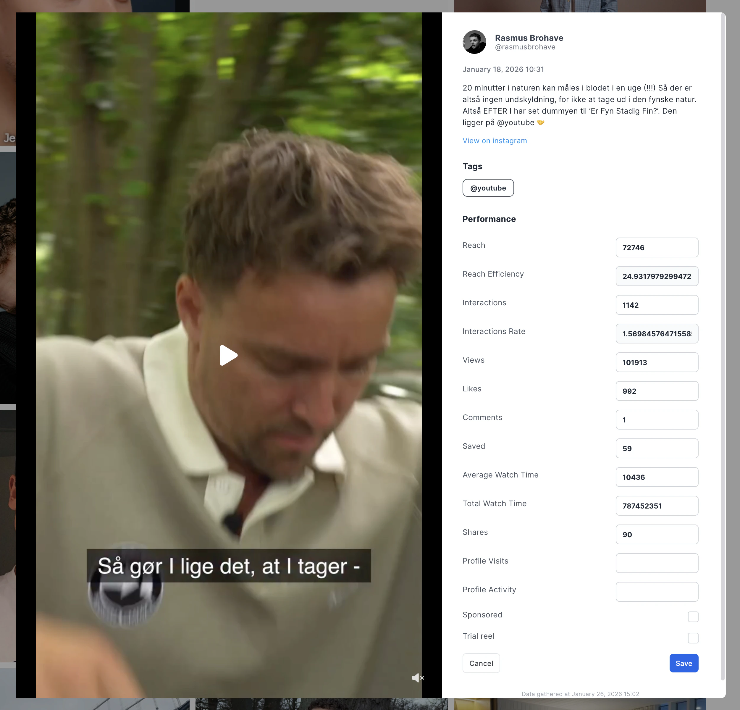 Reel edit modal showing the Trial reel checkbox