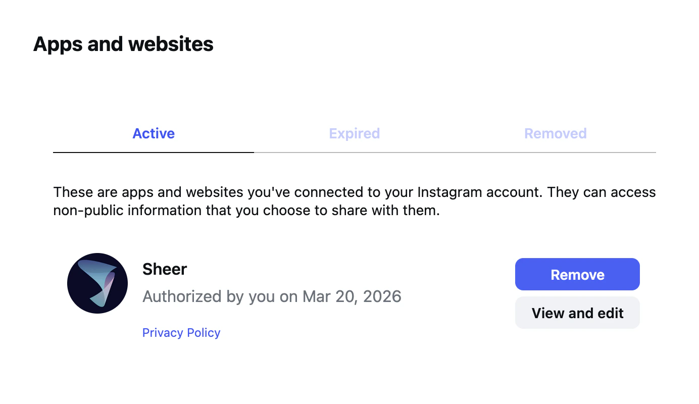 Instagram Apps and websites page showing Sheer with View and edit button