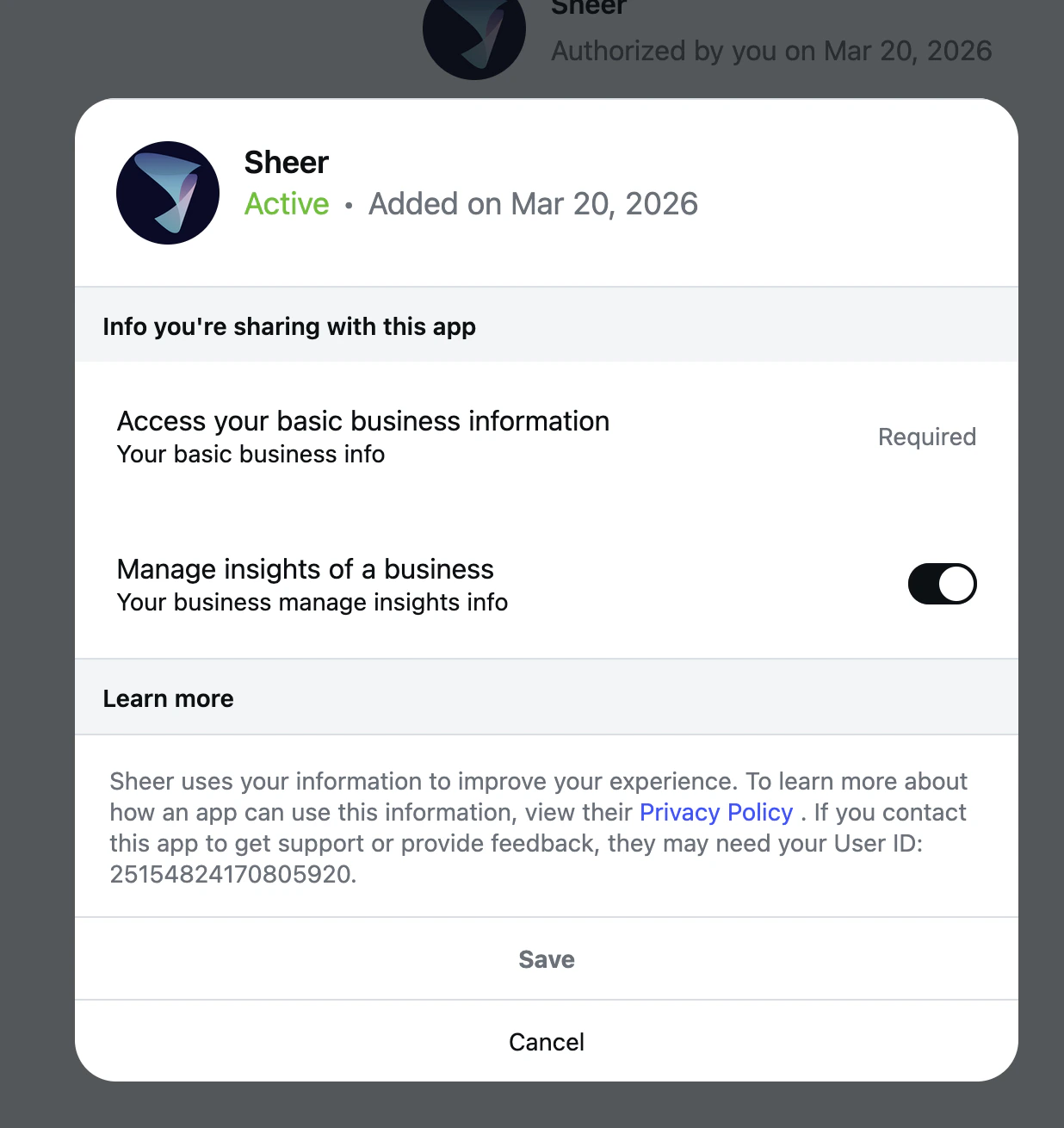 Sheer app detail view showing the Manage insights toggle