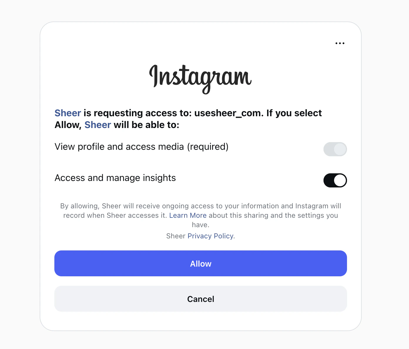 Instagram authorization screen showing both permission toggles