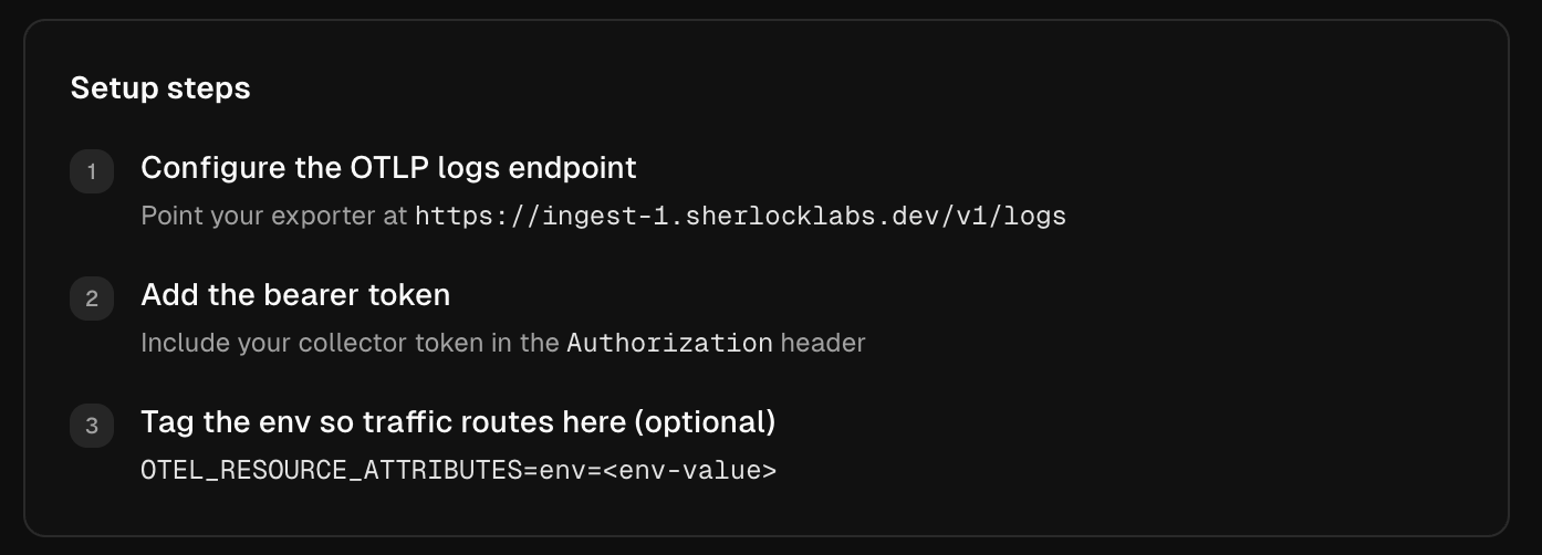 Setup steps: configure the OTLP logs endpoint, add the bearer token, tag the env