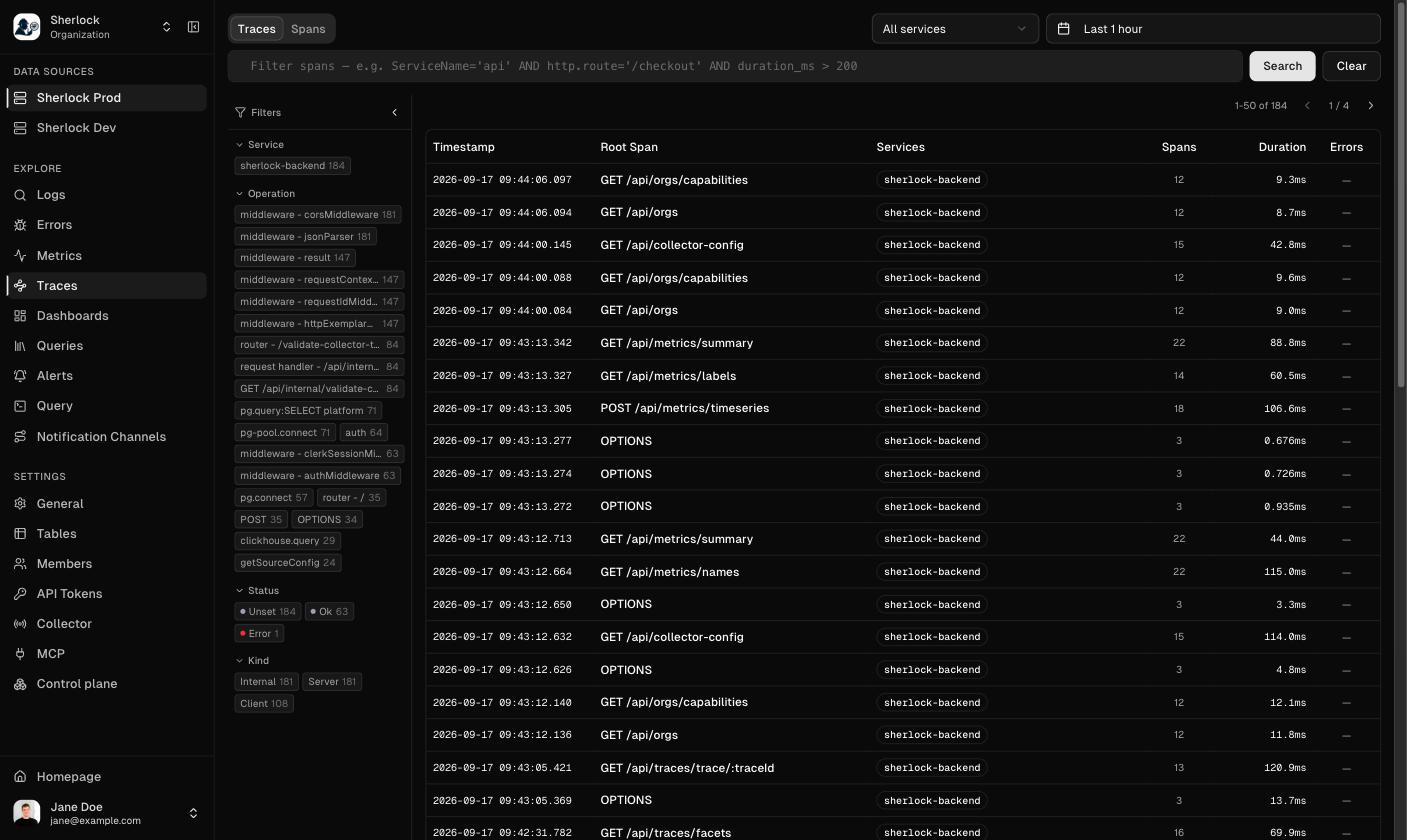 The Traces page listing requests of one service with span counts and durations