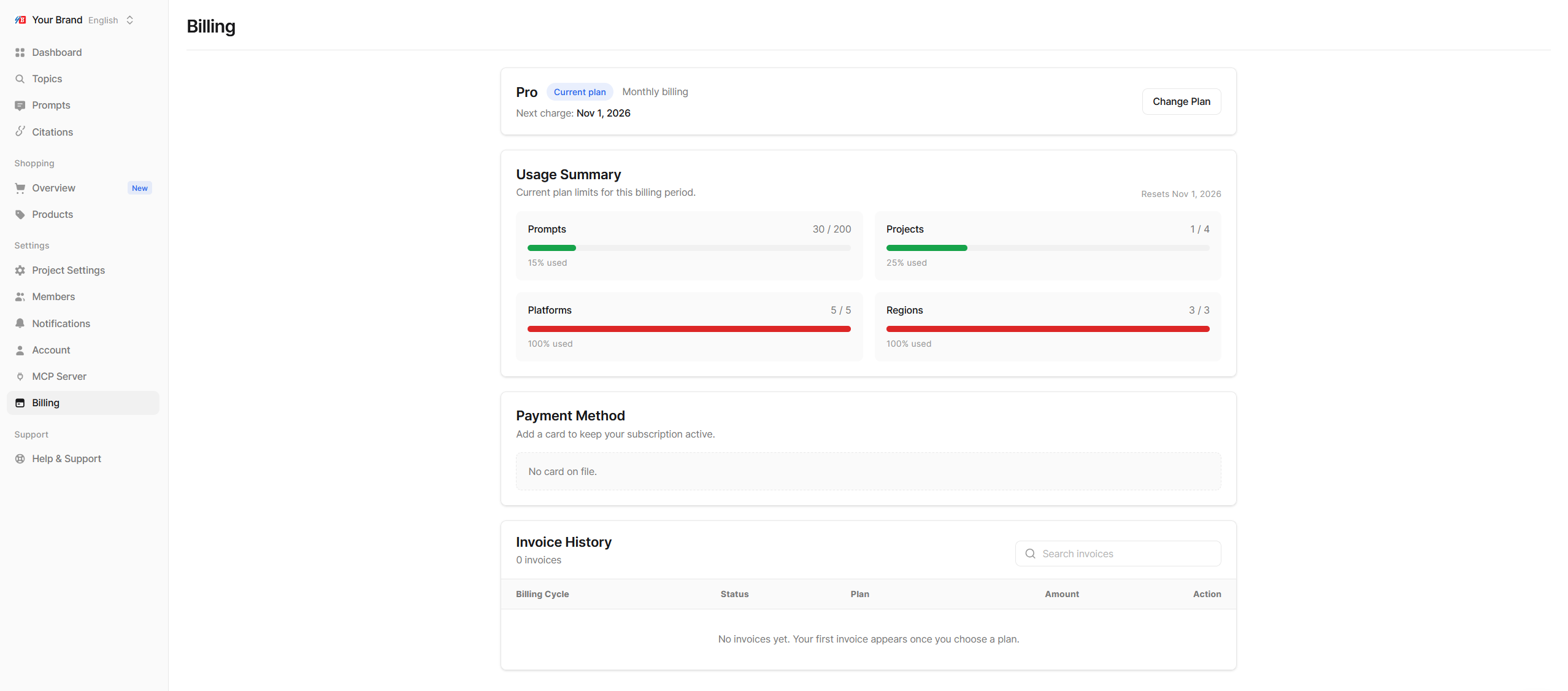 Billing page with the Current Plan, Usage Summary, Payment Method and Invoice History cards