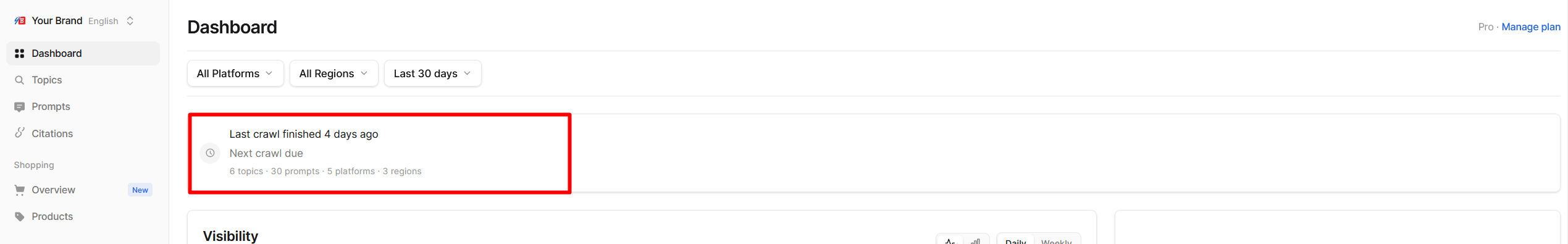 Crawl status card on the dashboard showing the last and next crawl times