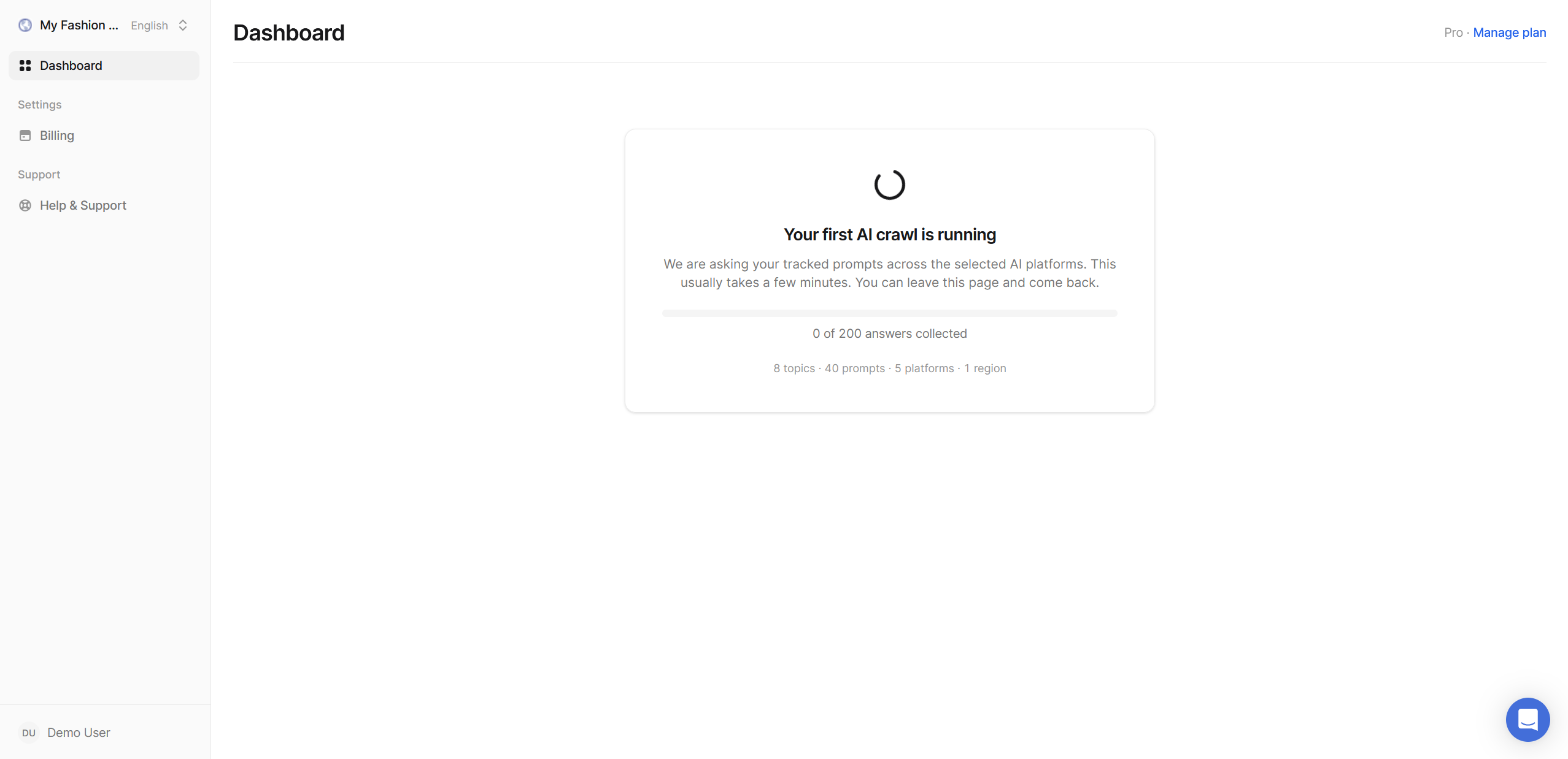 Dashboard card showing the first AI crawl in progress with an answers-collected progress bar