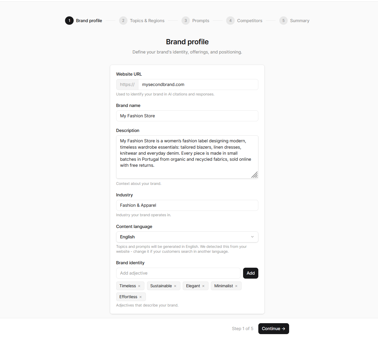 Setup wizard, Brand profile step with the researched fields filled in