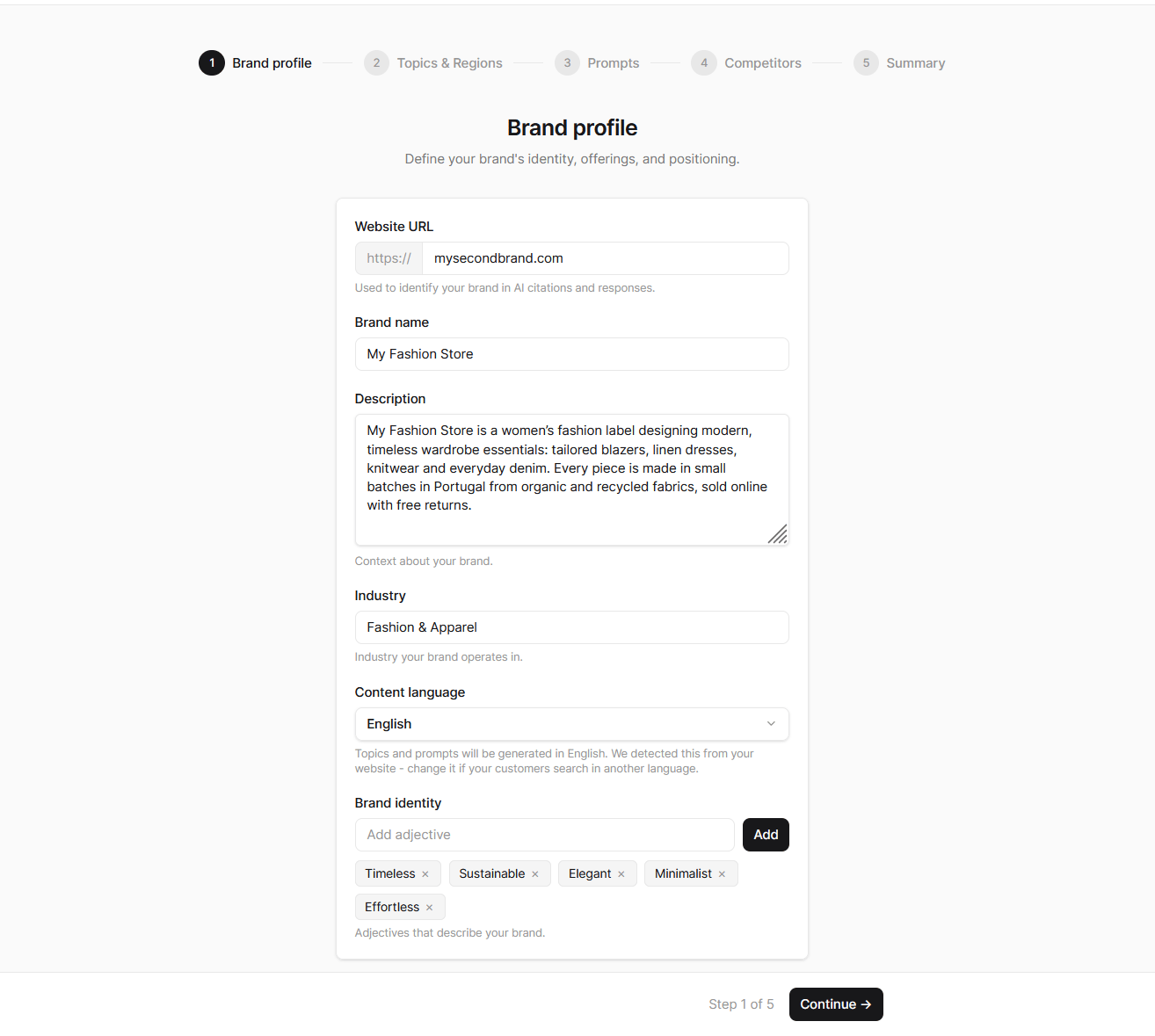 Setup wizard, Brand profile step with the researched fields filled in