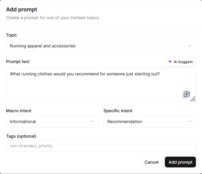 Add prompt dialog with topic, prompt text, intent and tags fields
