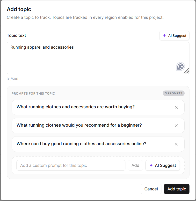 Add topic dialog with suggested topics and the prompts pane
