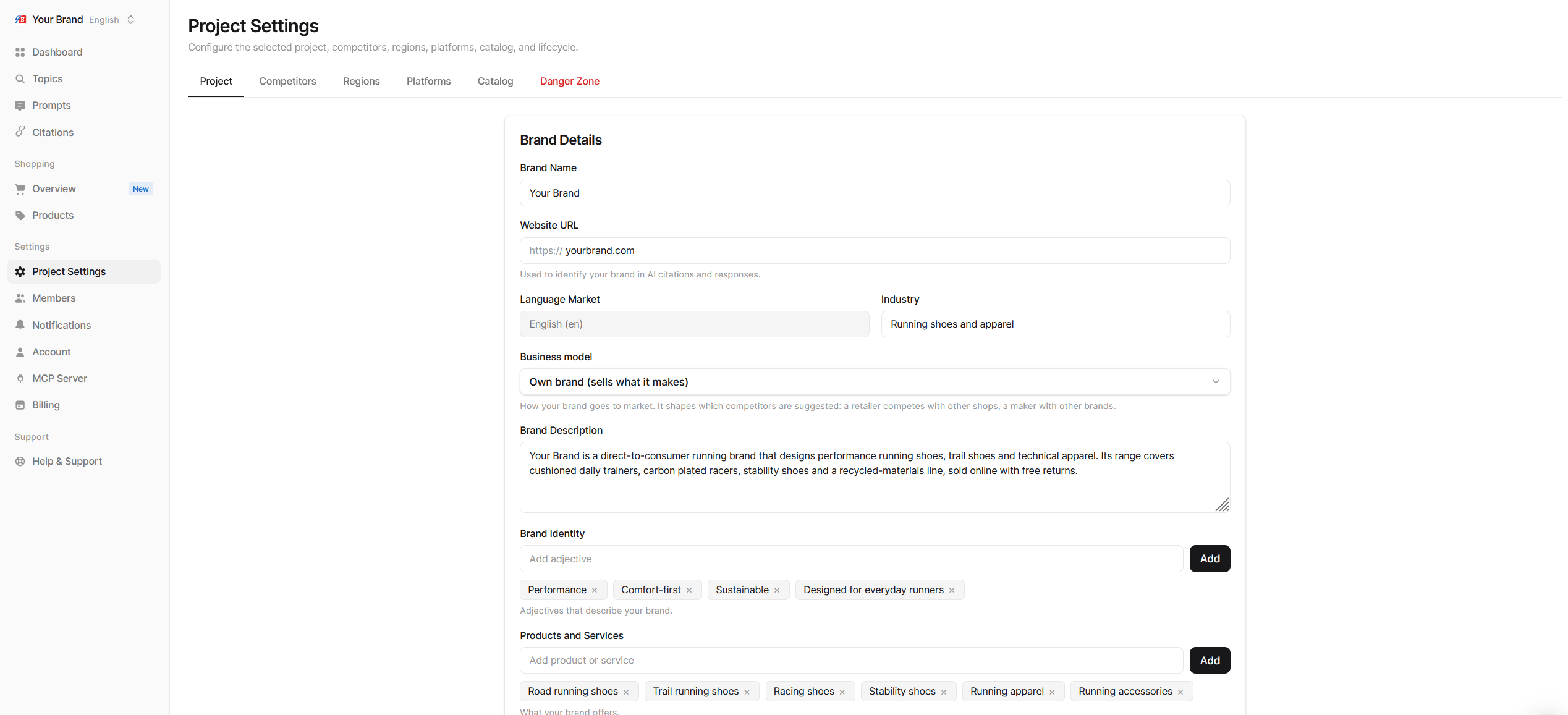 Project Settings, Project tab with the Brand Details fields