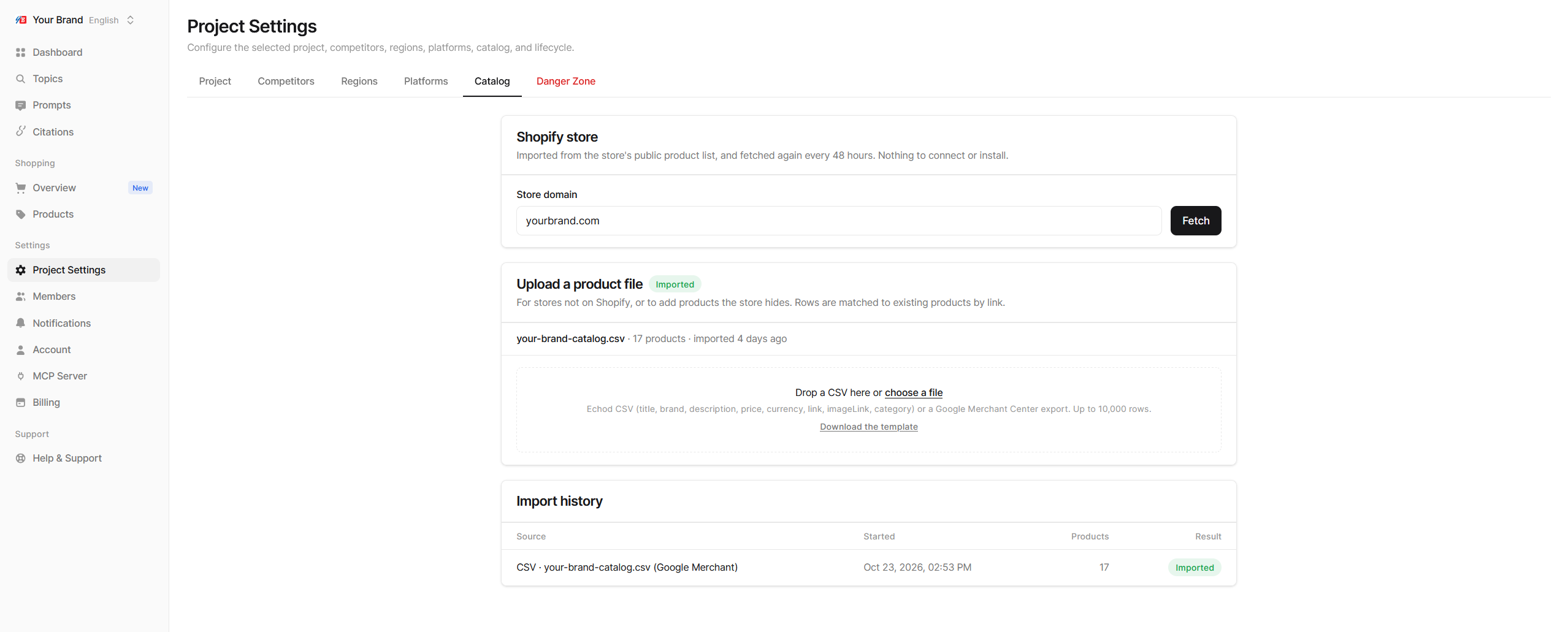 Project Settings, Catalog tab with the Shopify store card and the upload area