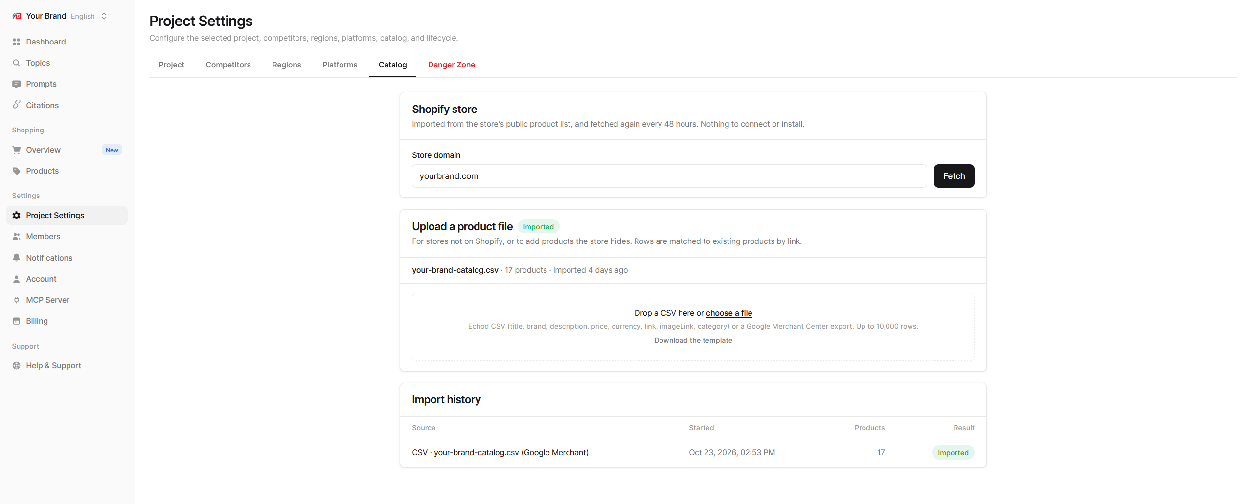Project Settings, Catalog tab with the Shopify store card and the upload area