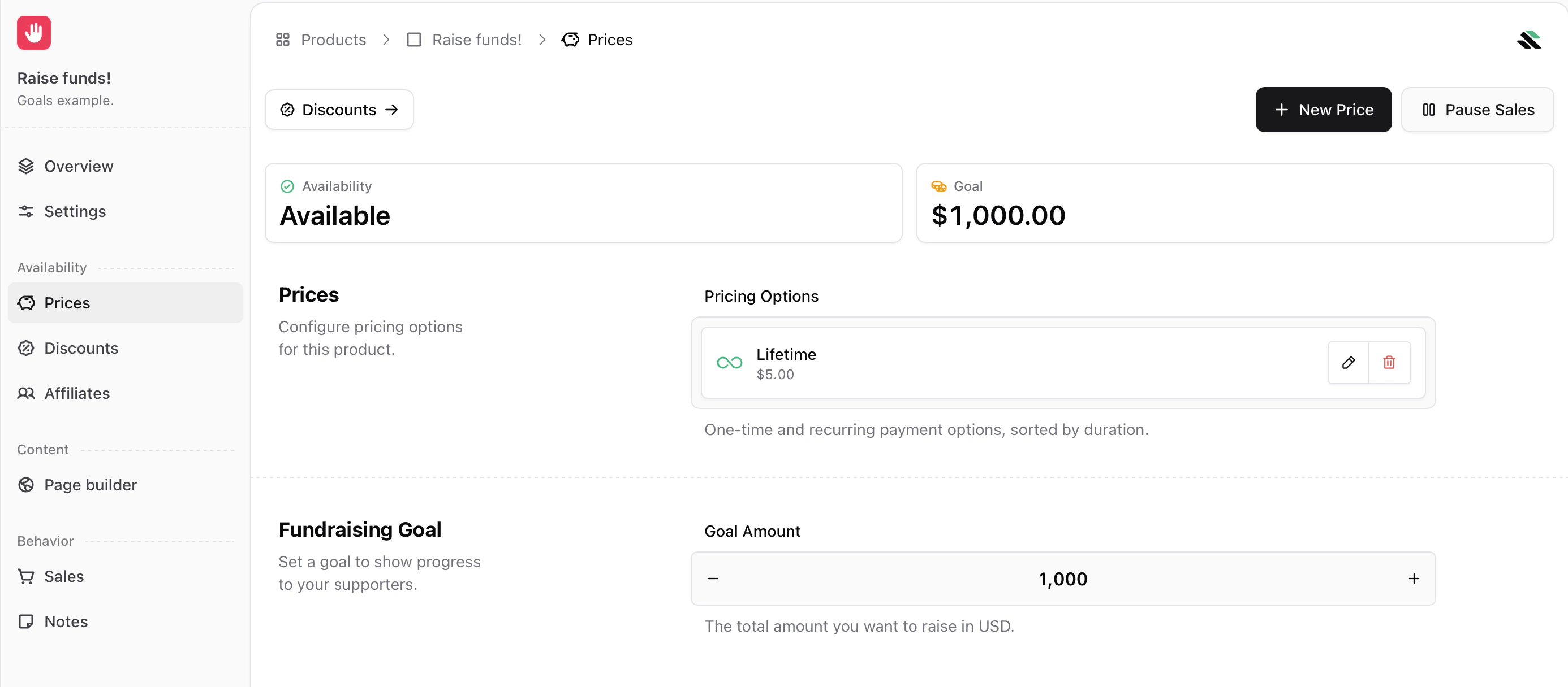 Setting up a Goals product Goals product pricing and goal setup in Sherpo