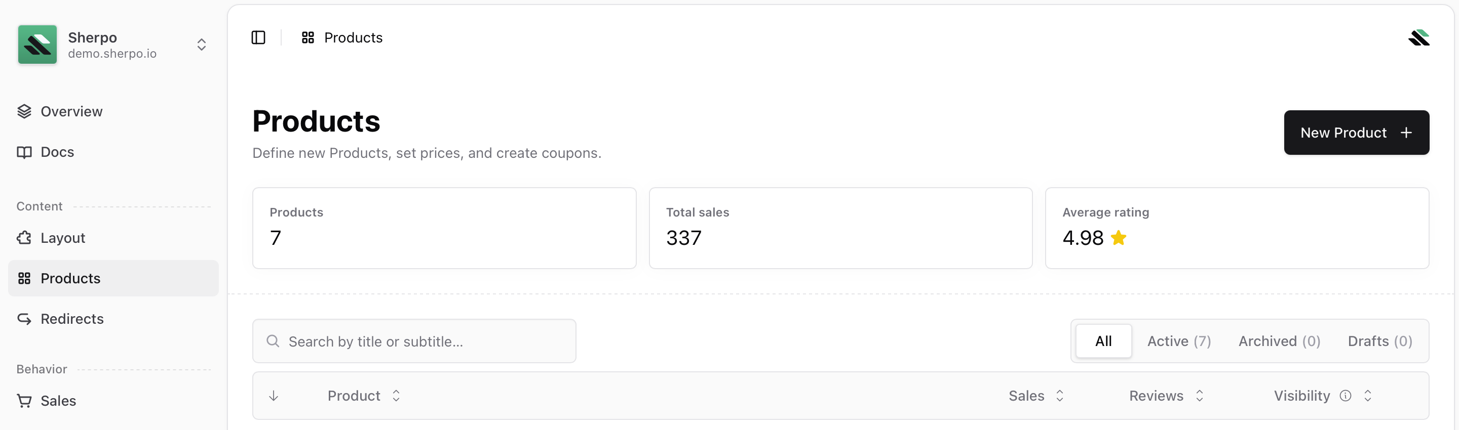 Products overview Products overview inside Sherpo Dash