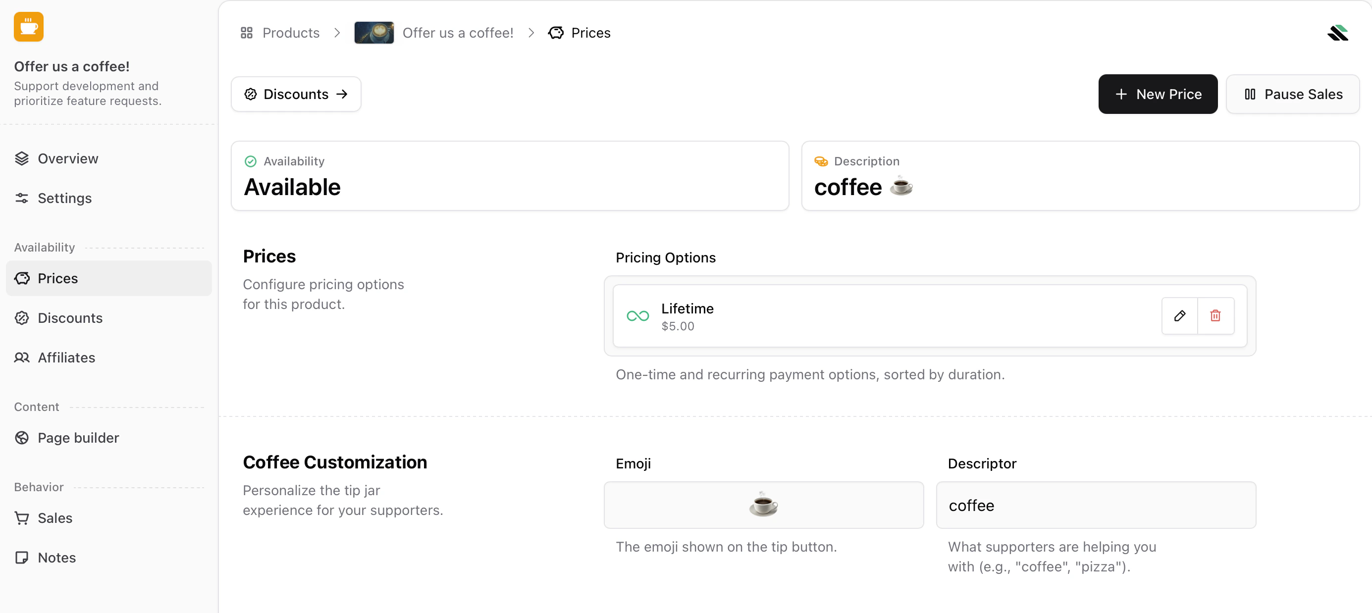 Coffee price management in dashboard Prices page for Coffee product