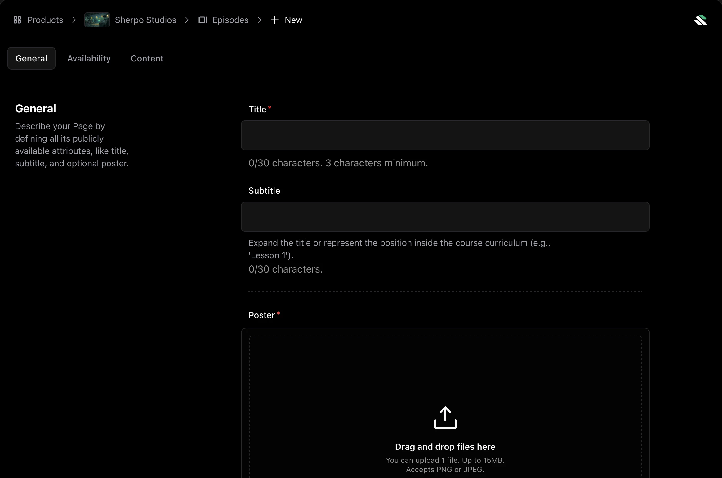 New episode New episode editor with General tab