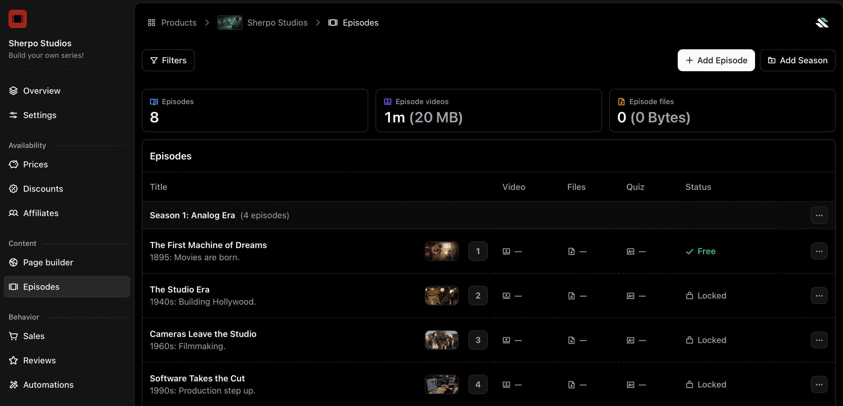 Series episodes overview Series episodes overview grouped by season