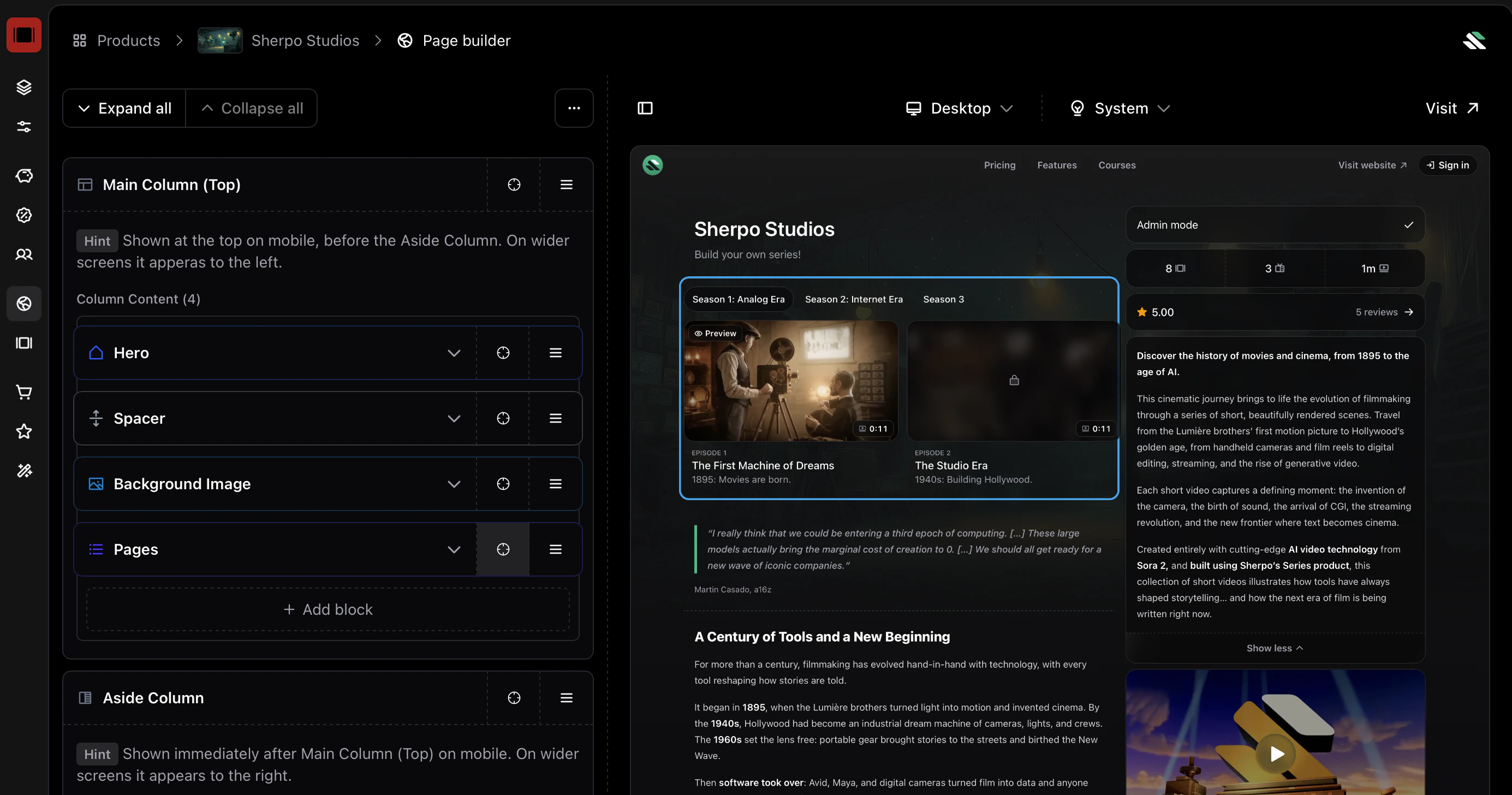 Series page builder Series page builder showing the Pages block