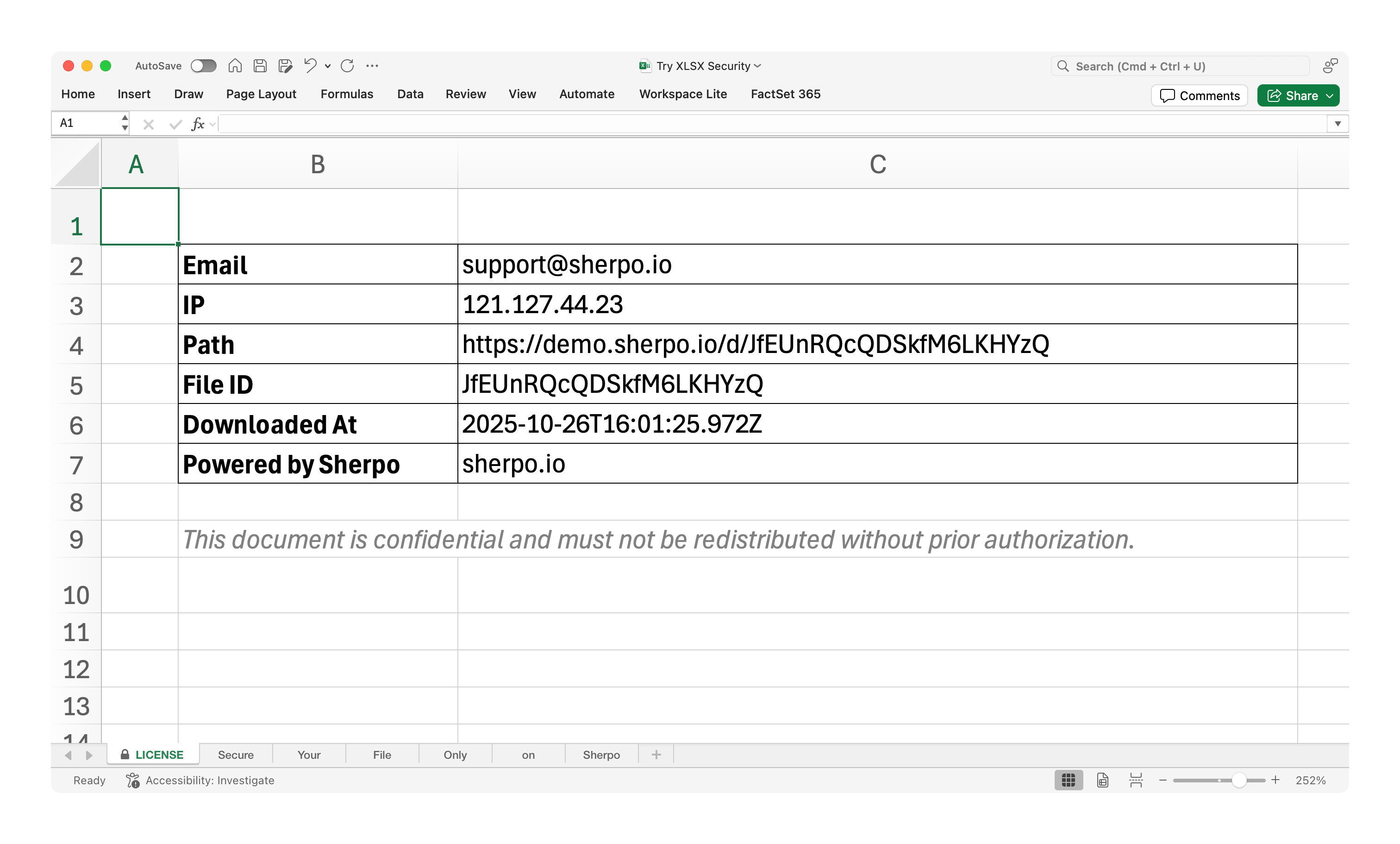 XLSX security Excel workbook LICENSE tab with buyer info