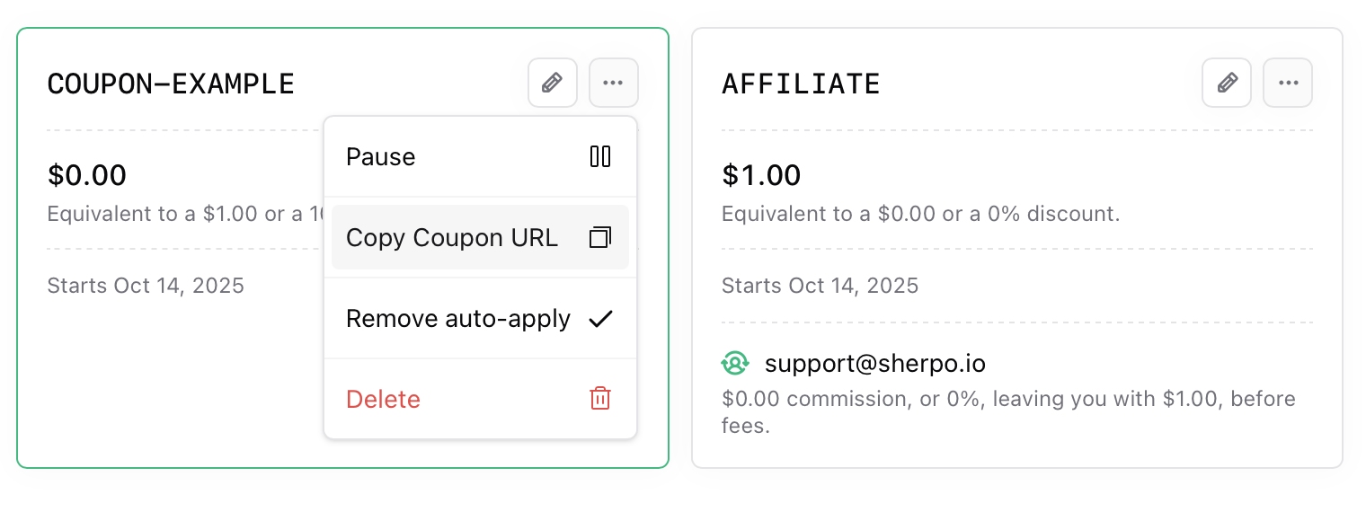 Coupon selector Coupon selector interface in Sherpo