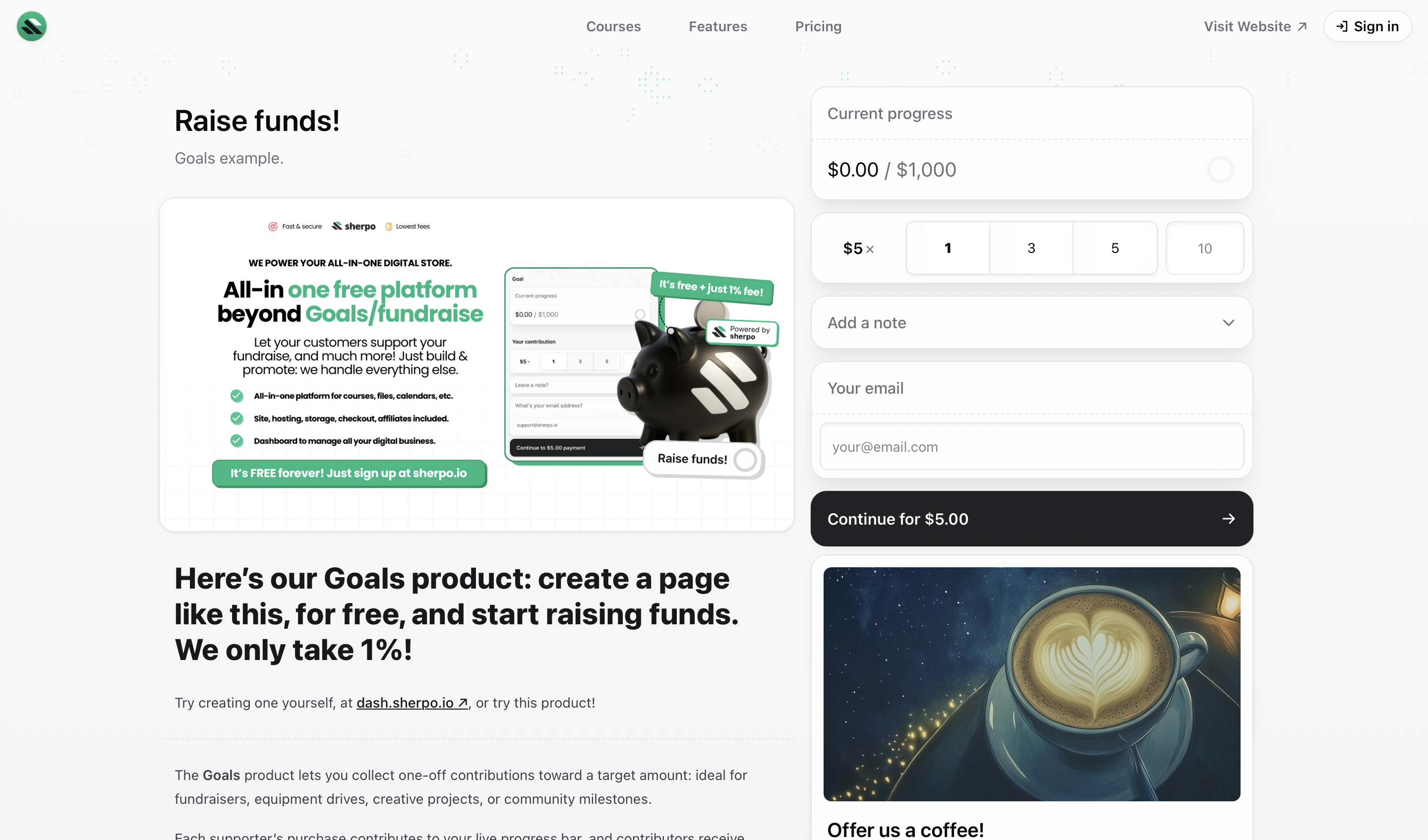 Example Goals product page Example of a live Sherpo Goals fundraising page