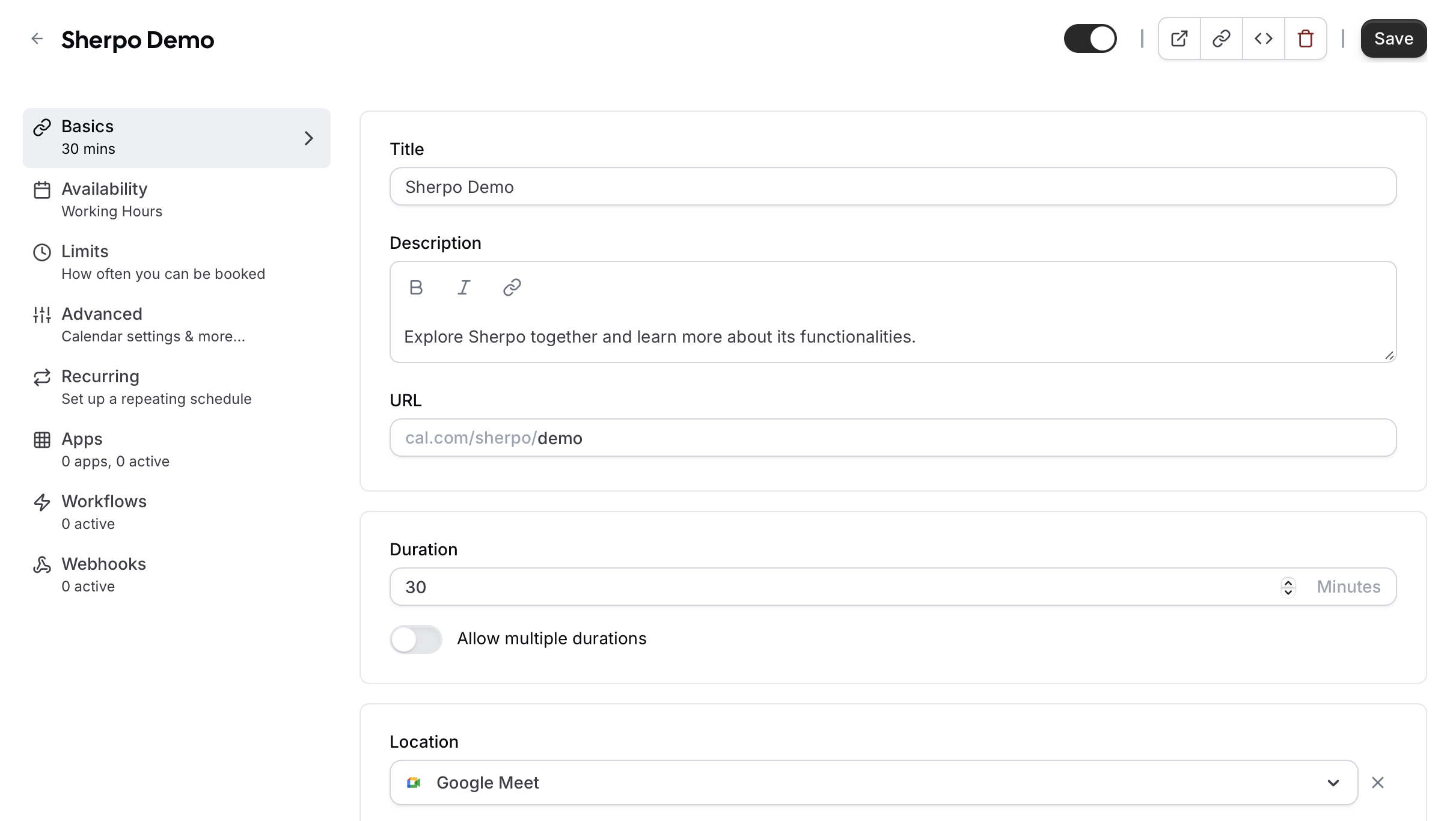 Changing meeting settings and duration in Cal.com Editing an event in Cal.com