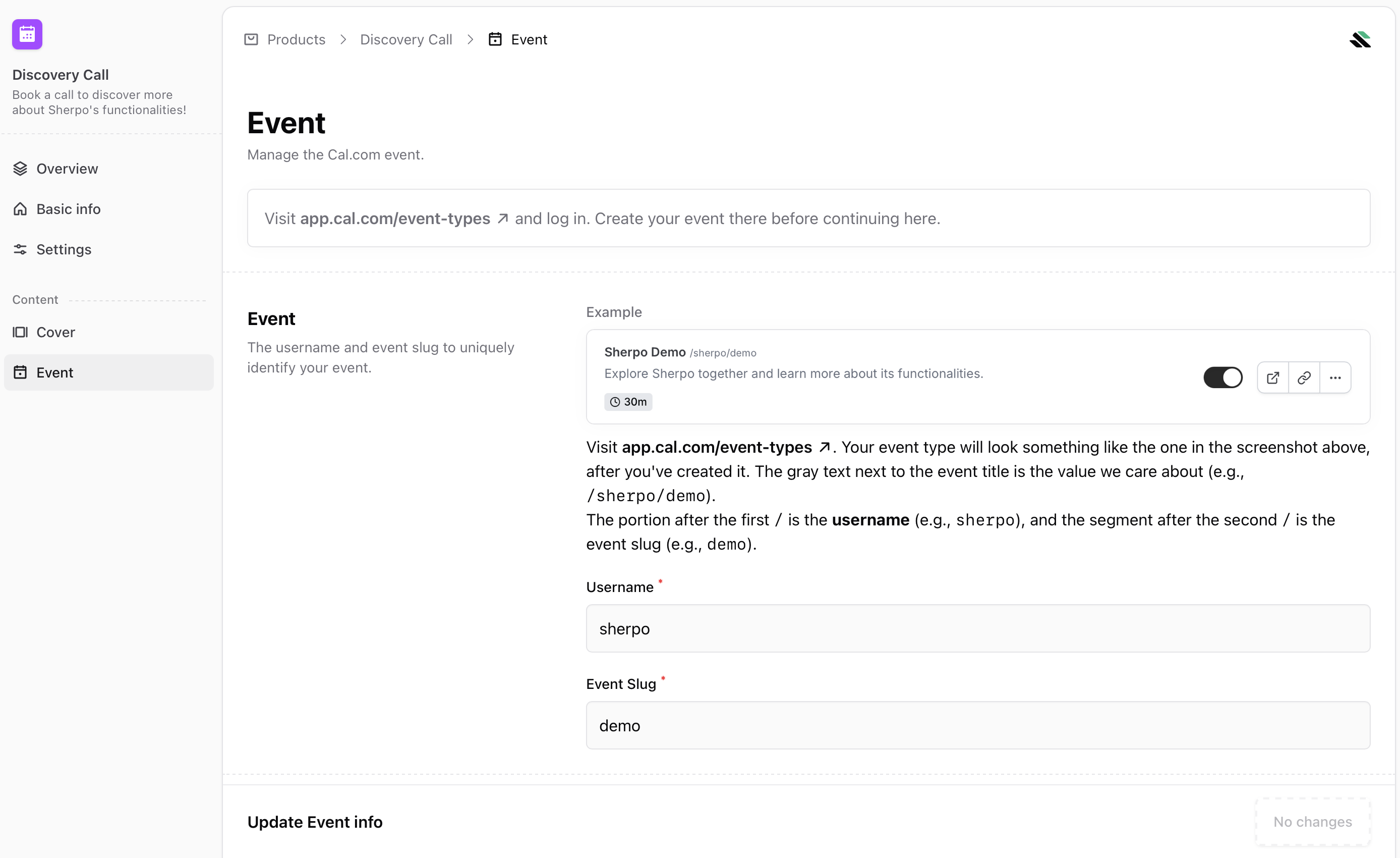 Updating linked Cal.com event in Sherpo Updating linked Cal.com event in Sherpo