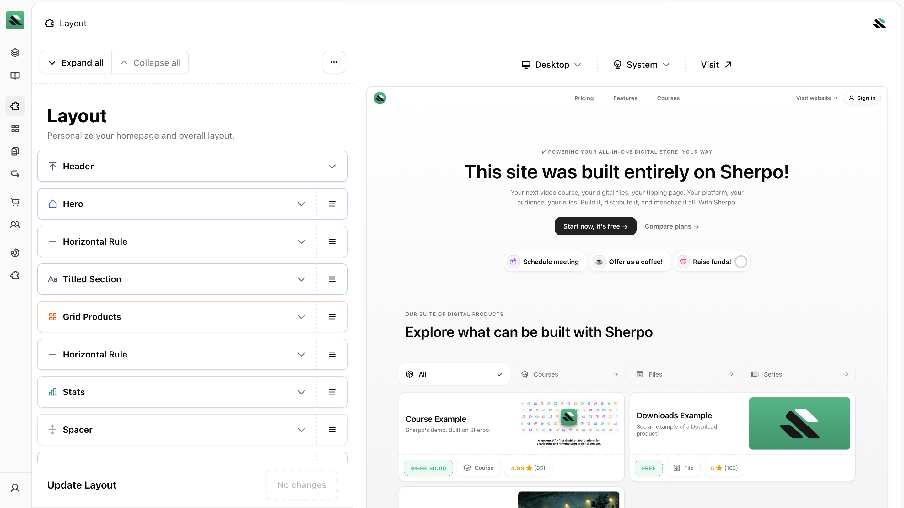 Layout overview Sherpo Layout editor showing blocks stacked vertically