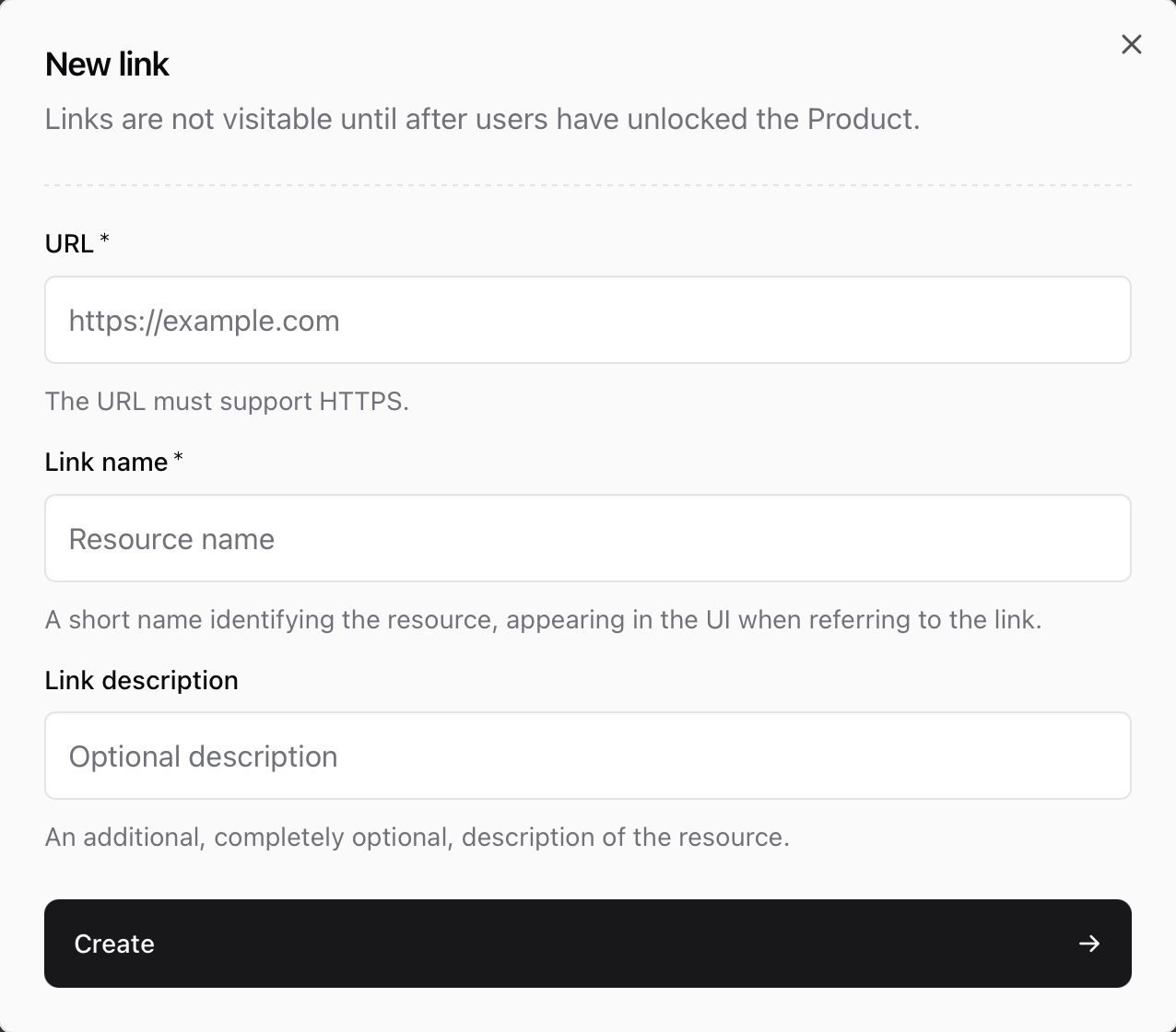 Creating a link New link modal in Sherpo