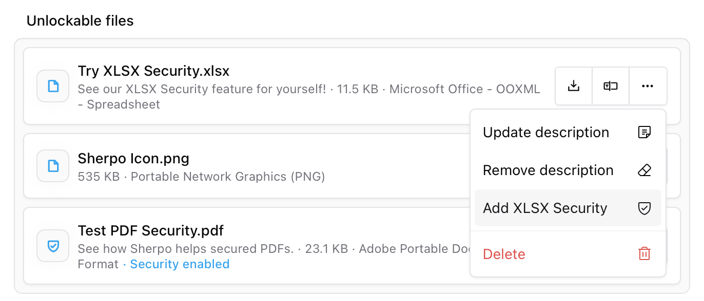 Managing files and security File list with actions menu and security badge in Sherpo